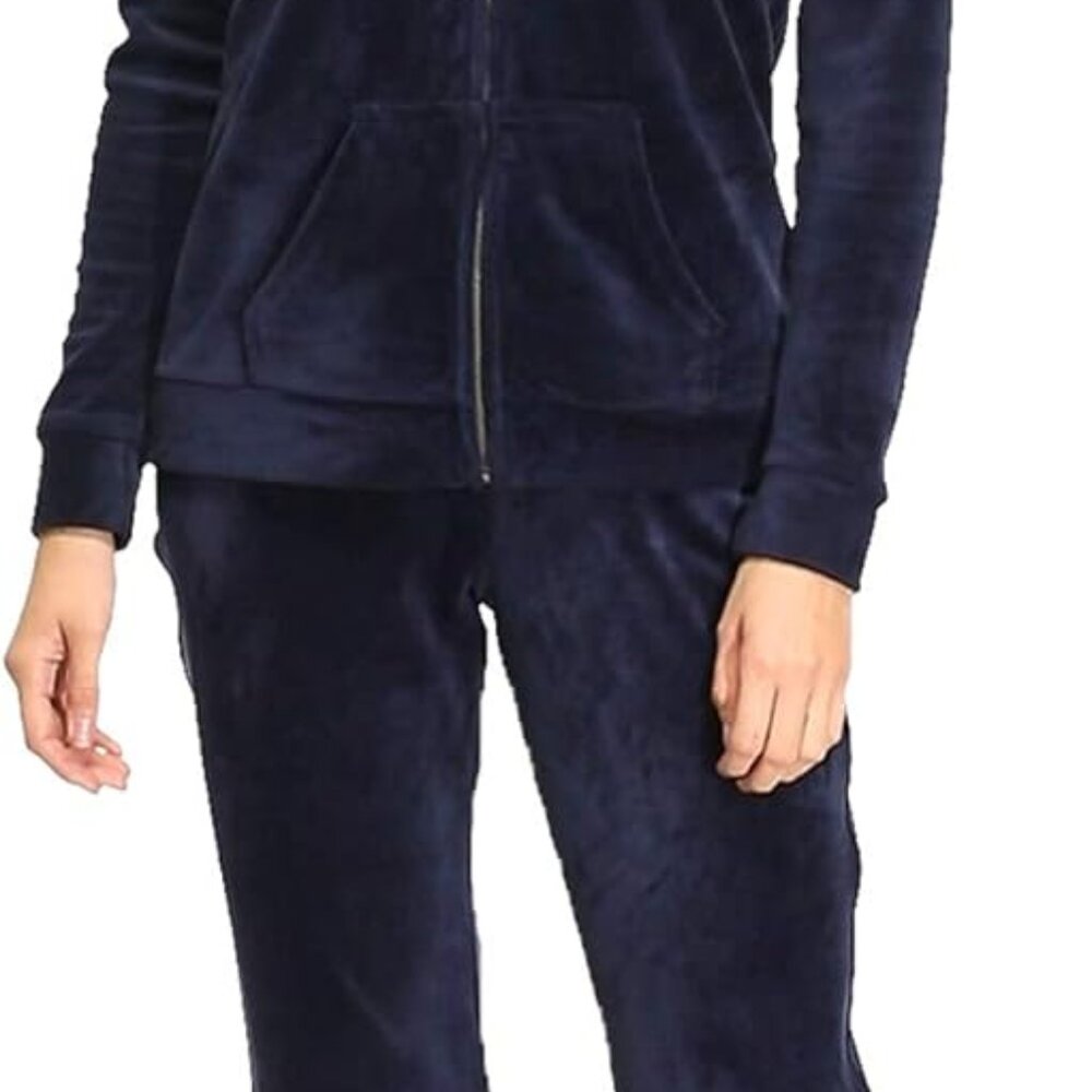 Navy Women's Velour Tracksuit Set - Soft Full Zip Hoodie & Wide Leg Pants